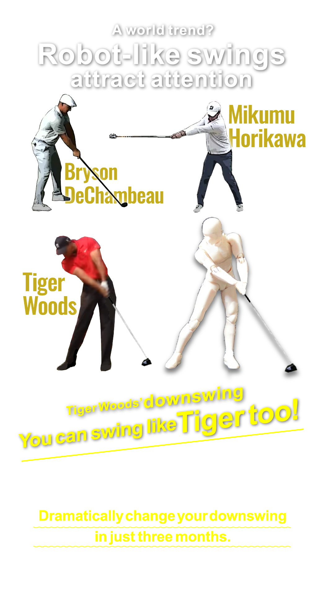 A world trend? Robot-like swings attract attention. Tiger Woods’ downswing. You can swing like Tiger too! Virtual robot instructor 